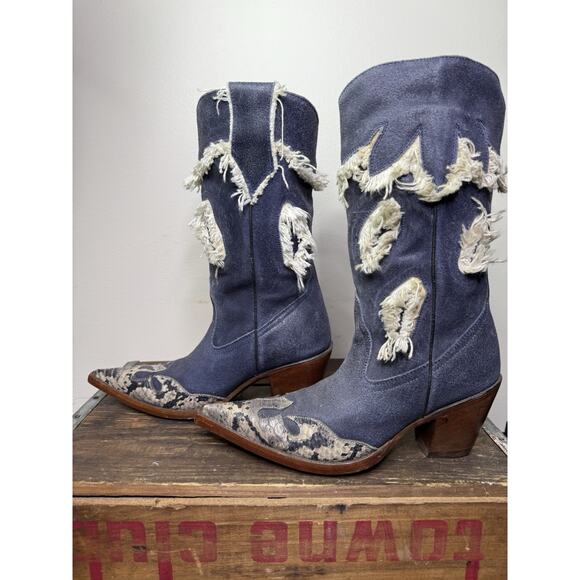 Rare RUDEL Point Toe Western Boots Women's 5E Blue Seude With White Fringe - Picture 6 of 6